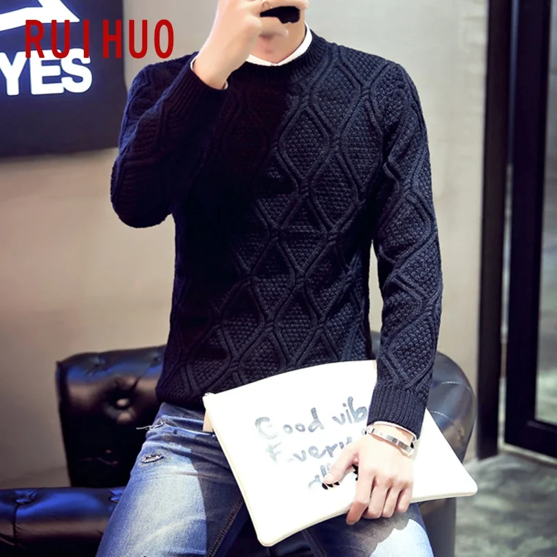 

RUIHUO Solid Knitted Sweater Men Clothing Harajuku Sweaters Pullover Men Sweater Fashion Mens Clothes M-2XL 2021