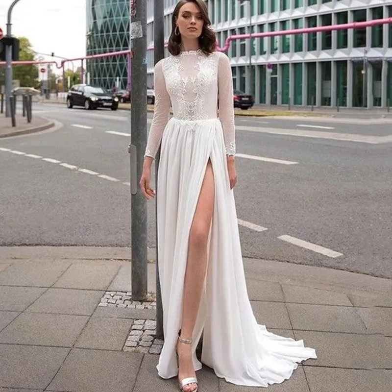 

Сексуальное свадебное платье в стиле бохо, шифоновое платье невесты с высоким воротом, открытой спиной, кружевными аппликациями, длинным ру...