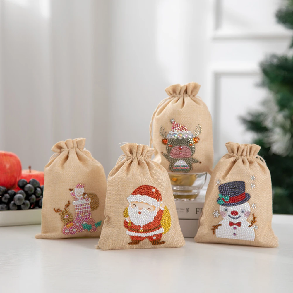 

5D DIY Diamond Painting Christmas Gift Bag Cartoon Merry Christmas Drawstring Linen Candy Cloth Bag Home Decoration Kids Gift