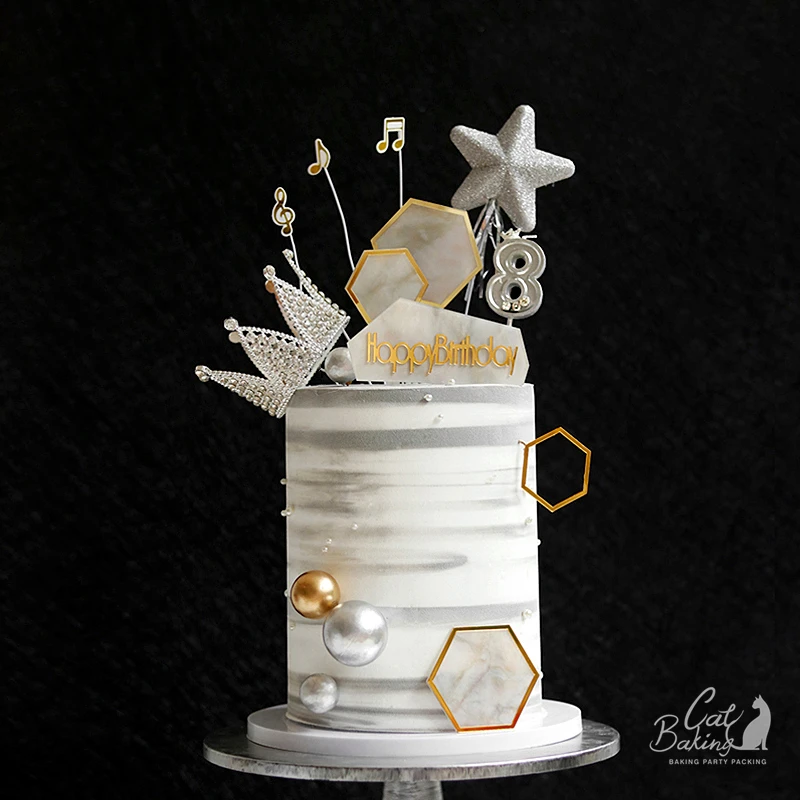 Белый черный мраморный без рисунка с днем рождения шестигранный Топпер для торта