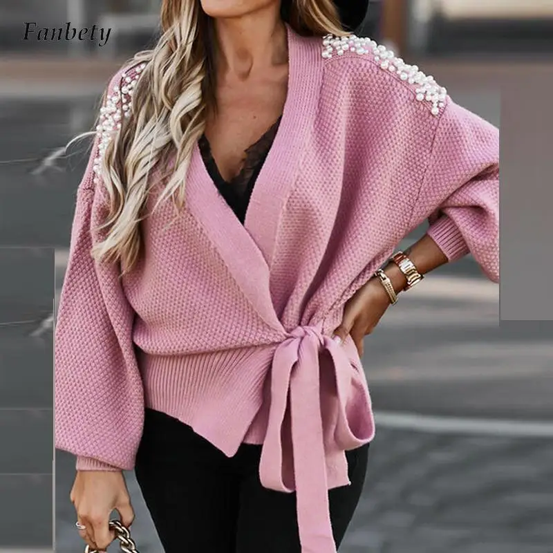 

Fashion Shoulder Beading Women's Sweater 2021 New Elegant Wrap Bandage Tops Solid Office Lady Chic Casual Knitted Cardigan Shirt