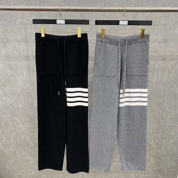 

TB THOM BULUO Fashion Brand Ankle-Length Pants Women Casual Striped Wide Leg Pants Loose High Waist Autumn Winter Knitted Pants