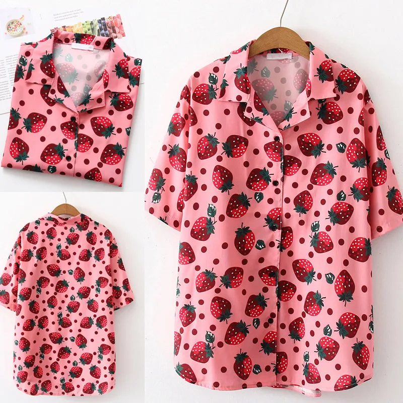 

Women Strawberry Print Turn-down Collar Holiday Casual Short Sleeve Loose Shirt MAEA99