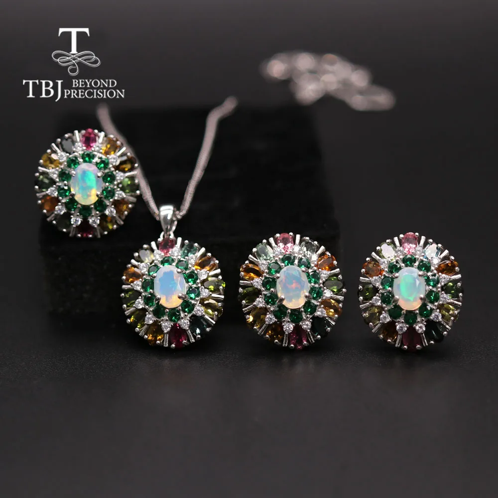 

TBJ New natural Opal Tourmaline Jewelry set ring earring pendant 925 sterling silver Fine jewelry luxury anniversary party