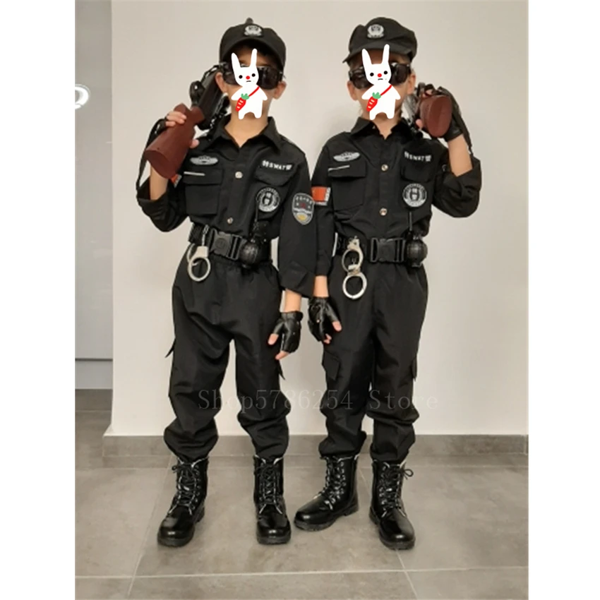 

Children Fancy Policeman Cosplay Costume Boys Stage SWAT Halloween Party Carnival Police Uniform Short&Long Kids Army Suit