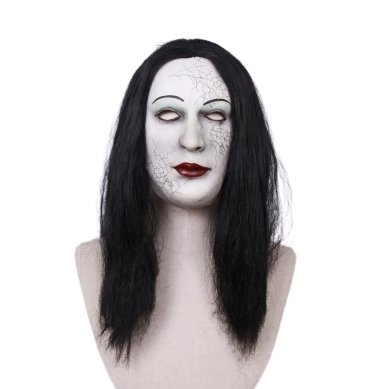 

Latex Female Ghost Mask Long Hair Face Cover Halloween Haunted Masquerade Cosplay Scary Props Headgear Horror party