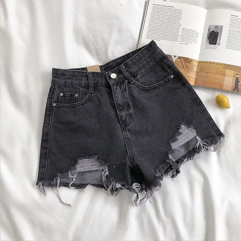 

Women Wide Leg Hole Black Denim Shorts Casual Female Streetwear Loose Solid Color White Jeans Shorts Casual Female Shorts Loose