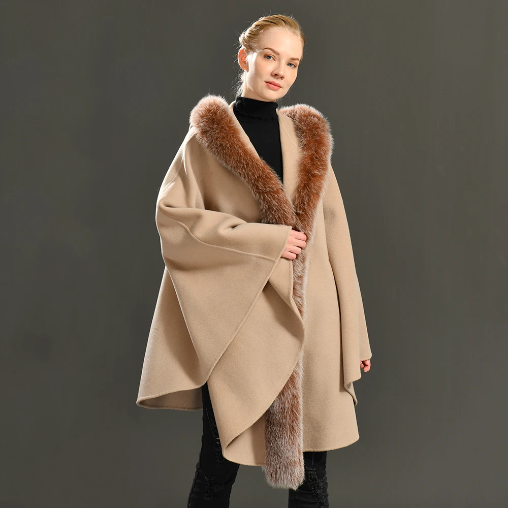 

Autumn Wool Cloak Coat Real Fur Collar 2021 Winter Women Long Cape Cloak Hoodies Poncho Warm Wool Trench Outwear Windbreaker