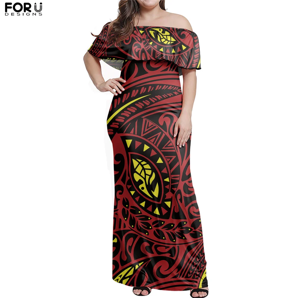 

FORUDESIGNS Guam Polynesian Samoa Tribe Printed Women's Ruffle Off Shoulder Dress High Quality Beach Slim Long Dresses Vestidos