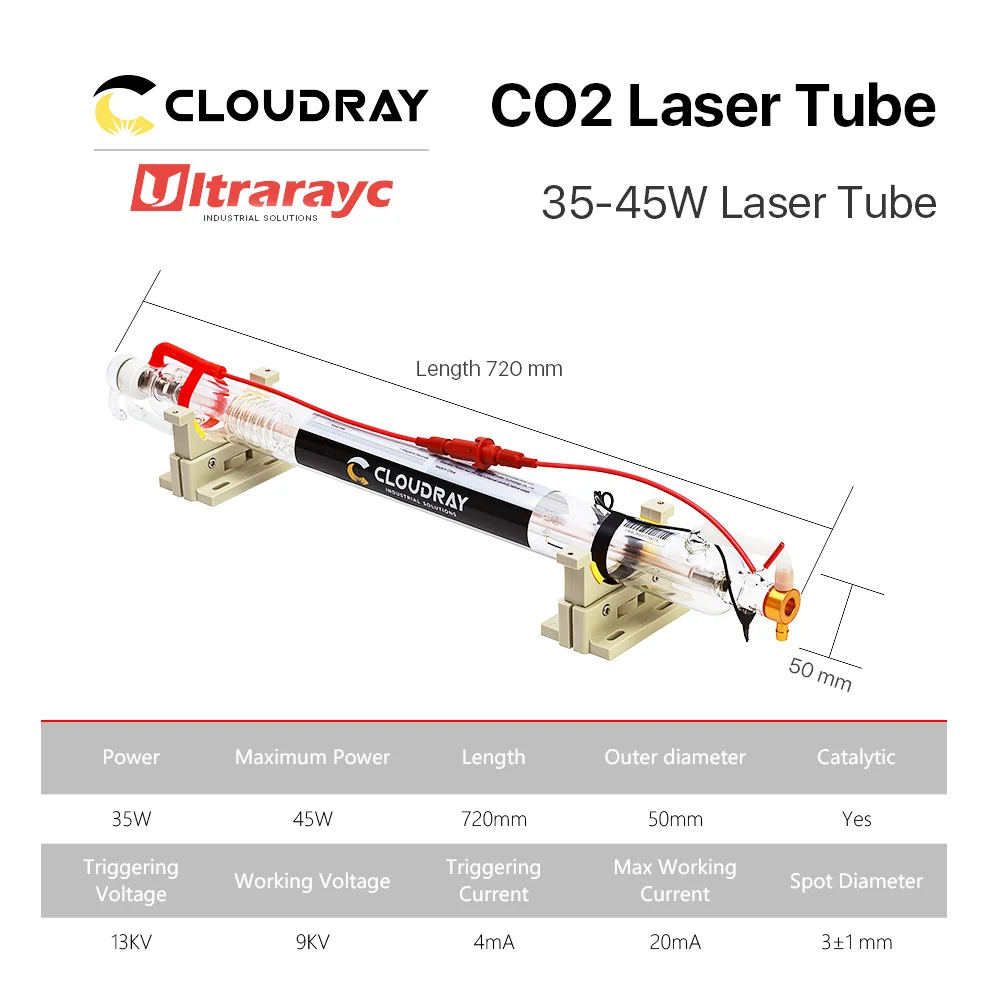 

Ultrarayc Co2 Laser Tube 40W 720mm Length Glass Tube Diameter 50mm Metal Head Pipe for CO2 Laser Engraving Cutting Machine