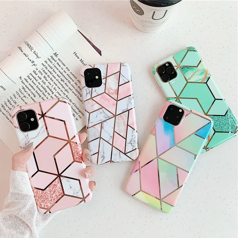 Чехлы для телефонов Lovebay с геометрическим мрамором и текстурой для iPhone 11 Pro XR XS Max 7 8 Plus X Мягкая IMD чистая Гальваническая задняя крышка в подарок