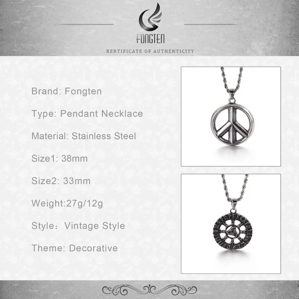 Fongten классический знак мира кулон ожерелье для мужчин из нержавеющей стали хип