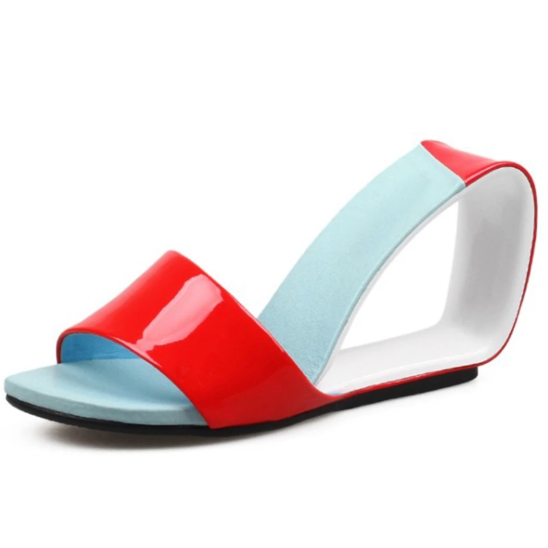 

SIMLOVEYO Female Novelty Summer Heeled Slippers Open Toe Strange Heels Genuine Leather Solid size 34-39 Casual Outdoor B1947