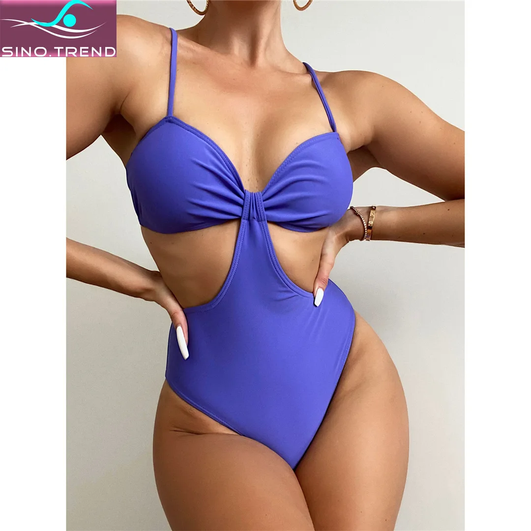 

SINO.TREND Sexy Cut Out Backless Monokini Women Blue Swimwear One Piece Swimsuit Female High Leg Cut Padded Bather Bathing Suit