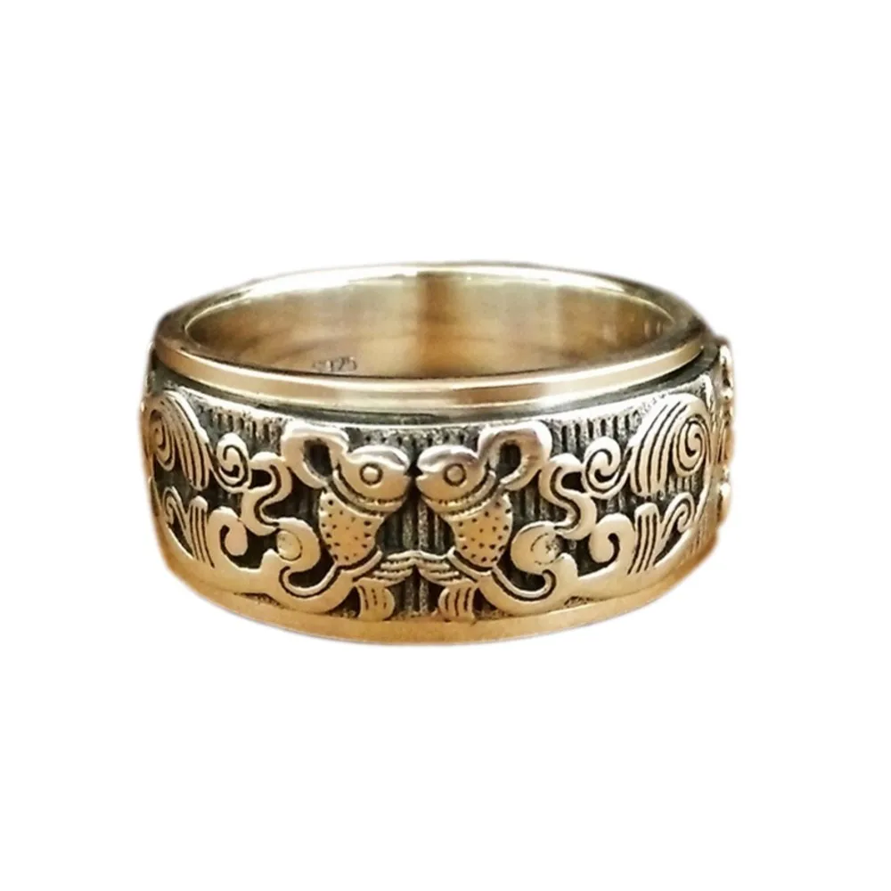 BOCAI Новое 100% твердое серебро S925 мужское кольцо рыбы персик вращающееся на удачу