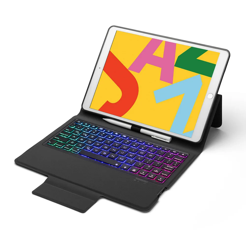 Тонкий умный чехол с беспроводной Bluetooth клавиатурой и светодиодной подсветкой 7