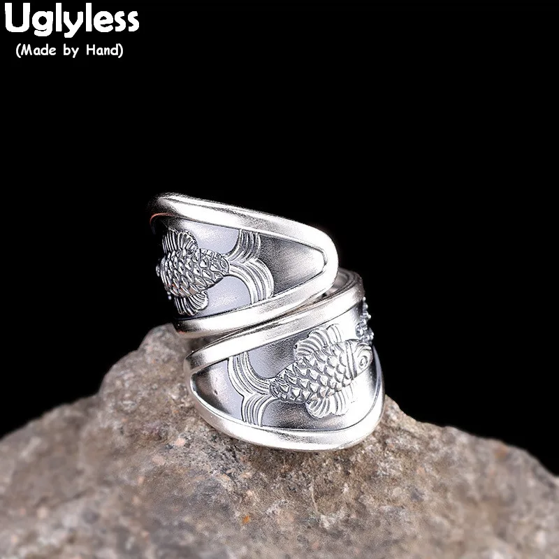 

Uglyless Thai Silver Wide Ethnic Fishes Rings for Women Solid 925 Silver Fish Rings Exaggerated Big Size Vintage Dress Jewelry