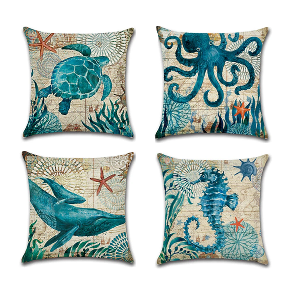 

Marine life whale cushion cover pillowcase turtle seahorse octopus pattern home sofa pillowcase
