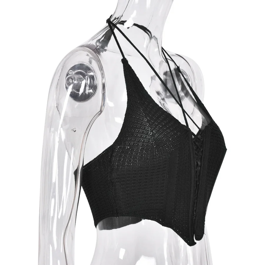 

New Hot Sexy Y2K Knitted Halter Backless Hollow Out Crop Top Summer Sleeveless Lace Up Bandage Halter Tops Outfits Club Party