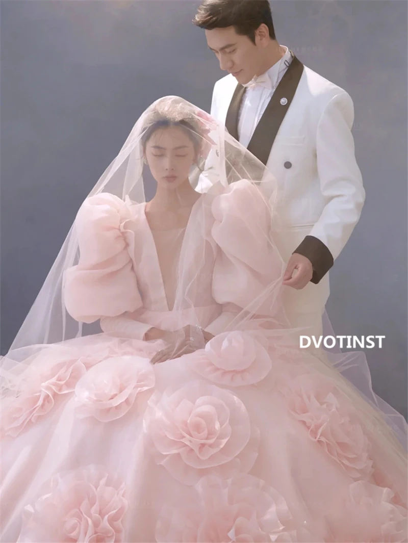 Dvotinst Women Photography Props Elegant Wedding Dress Puff Sleeve Tutu Pink Korean Formal Dresses Studio Shooting Photo Clothes