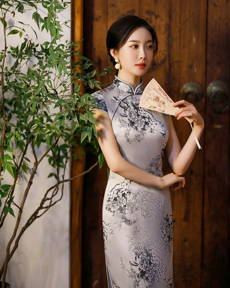 

Китайский Винтаж пикантные высокие платье Ципао с разрезом Для женщин Цветочный принт Cheongsam элегантный китайский традиционный костюм Vestiods ...