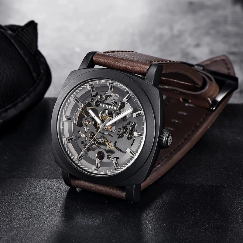 

2021 BENYAR Mechanical Watches Men's Top Luxury Brand Hollow Men's Wristwatch Fashion Leather Wristband Waterproof Wristwatches