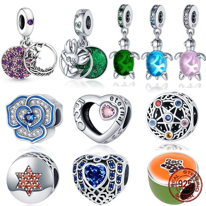 

100% Real 925 Sterling Silver Blue Flower And Blue Heart Type Fit Original 3mm Bracelet&Bangle Making Fashion DIY Jewelry For Wo
