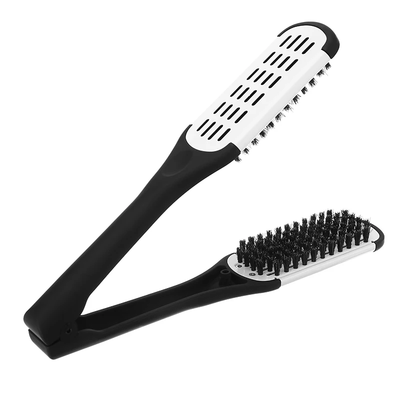 

Hair Straightening Double Brush V Shape Comb Clamp Boar Bristle Hairbrush Straightener Hairdressing Styling Tools