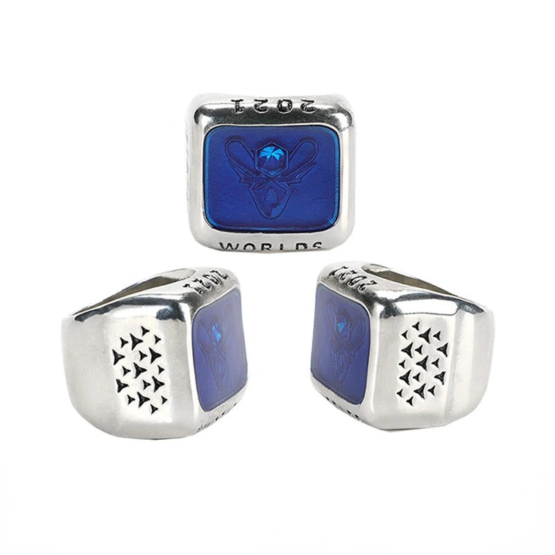 

Megin D Stainless Steel Titanium S11 2021 LOL World Champion EDG Blue Squre Crystal Hip Hop Rings for Men Women Fan Gift Jewelry