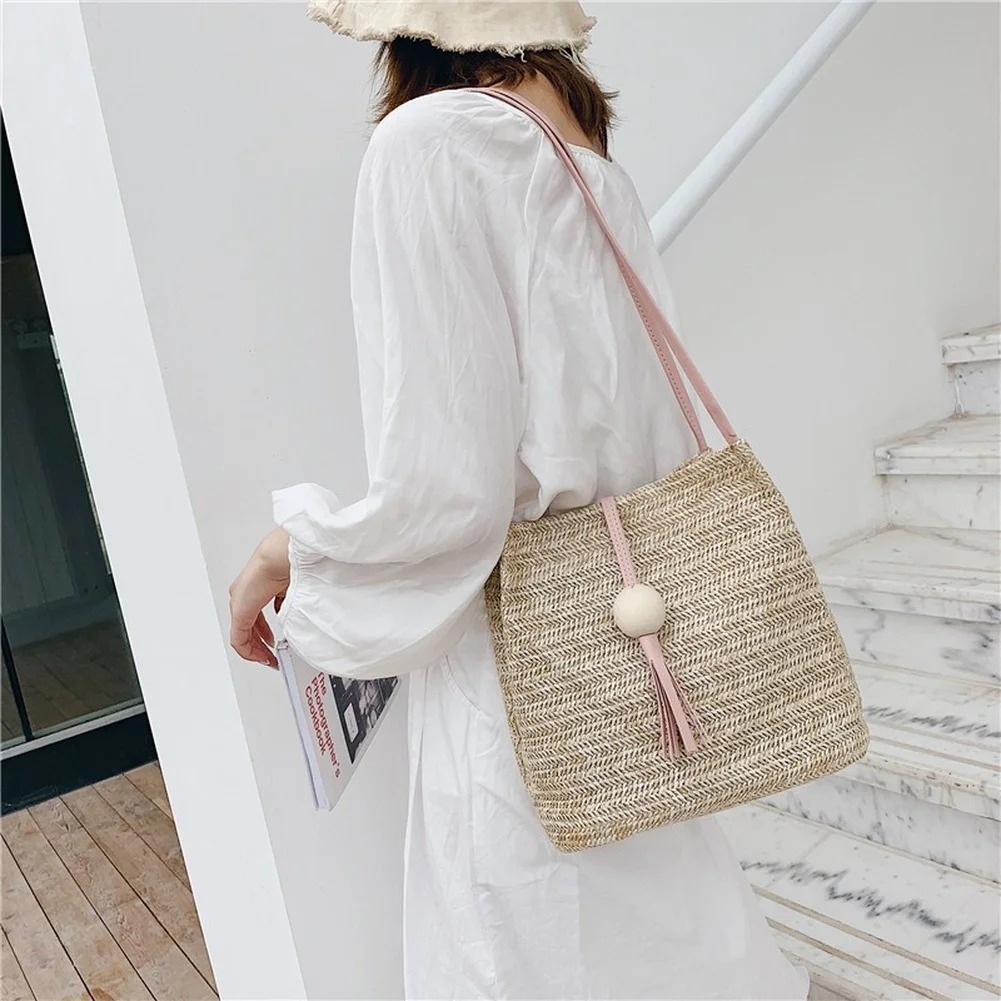 

Womens Summer Straw Bucket Bag Holiday Beach Bag Shoulder Bag Casual Rattan Bag Woven Bags