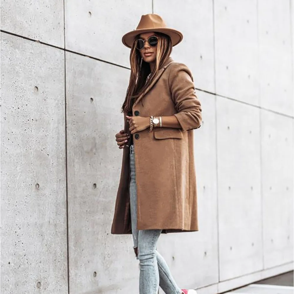 

Hot Sale Autumn And Winter New Fashion Simple Long-Sleeved Single-Breasted Solid Color Pocket Woolen Coat Women
