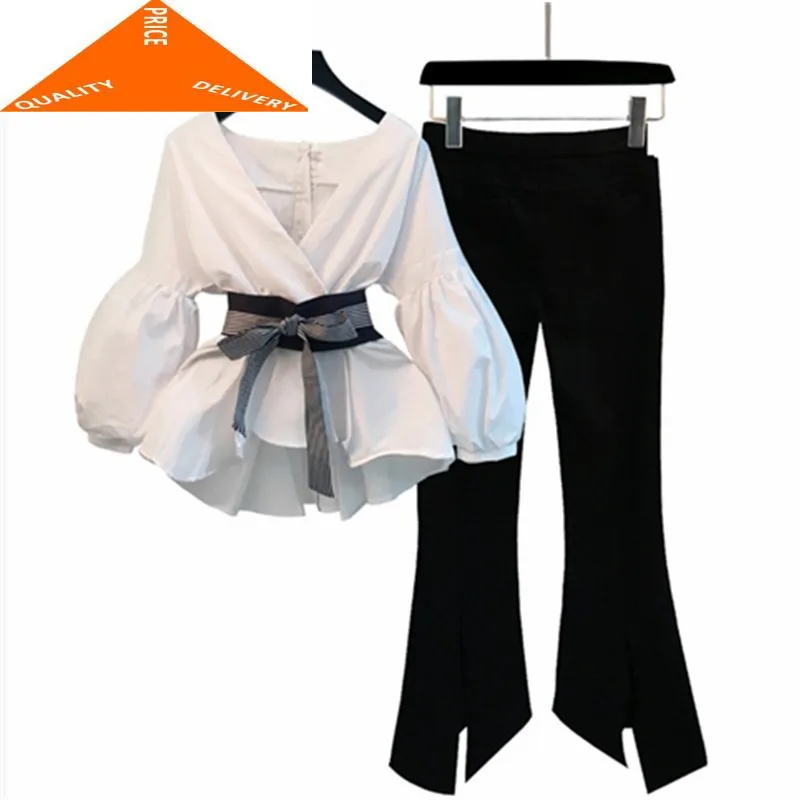 

Весна-Осень 2020 комплект из двух предметов топ и брюки Сексуальная Блузка в полоску с V-образным вырезом Женские костюмы женские элегантные к...