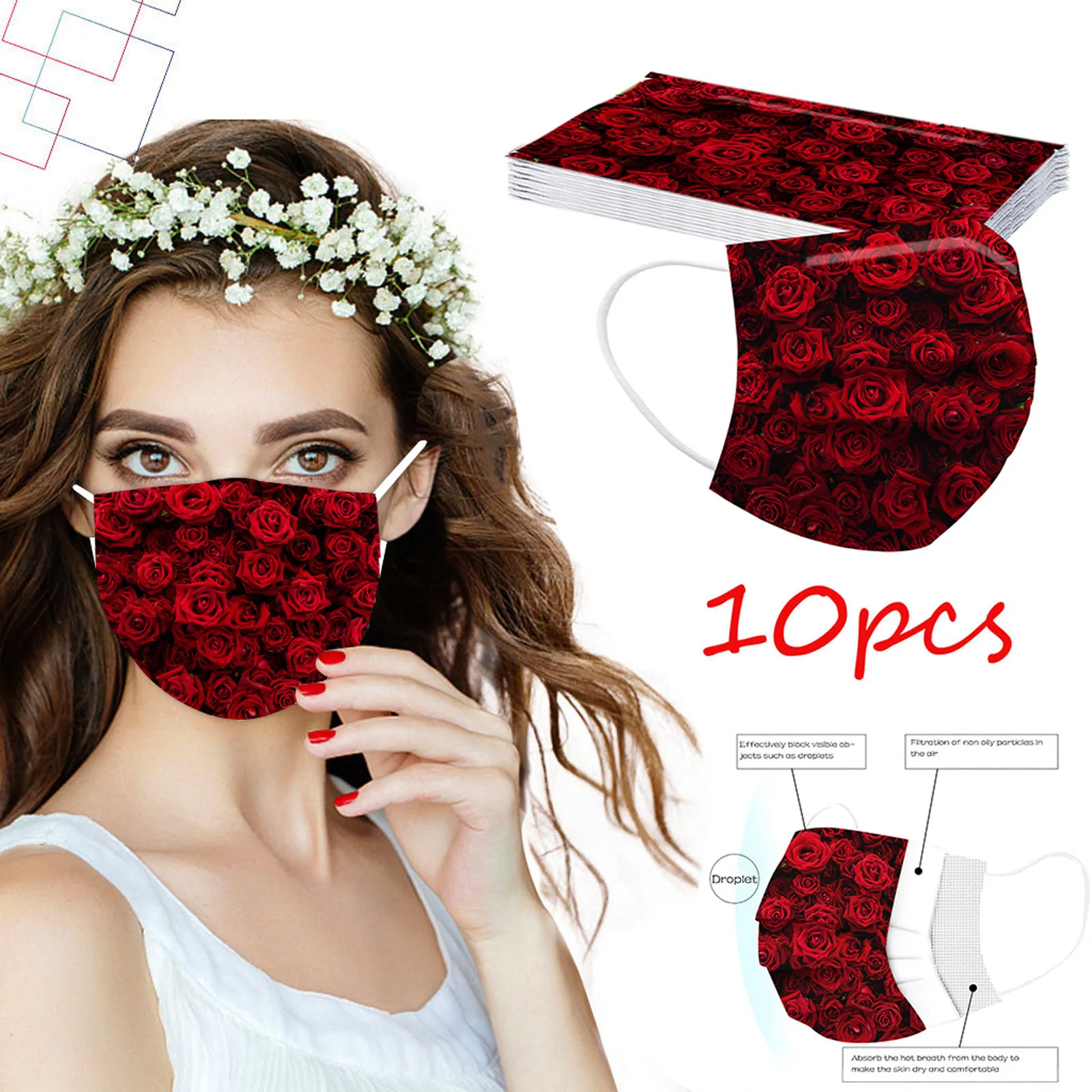 

10PC Adult Mask Valentine's Day Printed 3-layer high-density protection Disposable windproof dustproof breathable Earloops M
