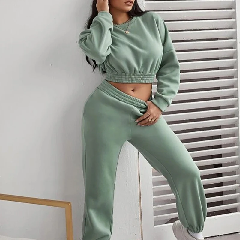 

Pure Color Slim Long Sleeve Cropped Top + Pants Set Women 2021 Fall Street Elastic Waist Harlan Pants Set