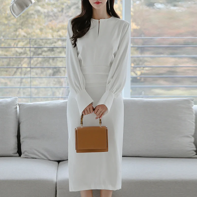 

Женское шикарное дизайнерское платье миди, Элегантное повседневное офисное платье с высокой талией, модное облегающее платье с длинным рук...