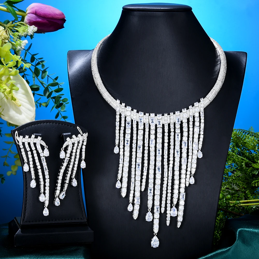

Siscathy Necklace Earrings Fashion Luxury Zircon Lines Tassel Crystal Jewelry Set For Women Party Jewelry Accessories 2Pcs/Set