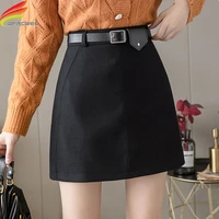 new 2020 autumn winter women woolen skirt with belt korean style khaki black a line mini skort skirts for women hot sale