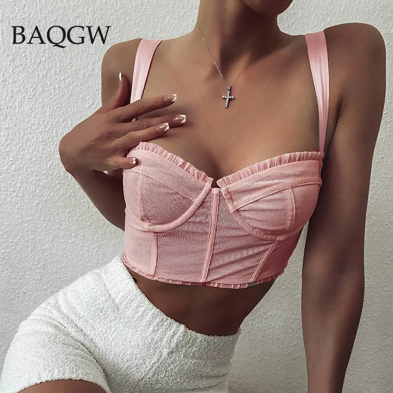 

Sexy Zipper Corset Top Backless Single Breasted Underwire Mesh Patchwork Cami Pads Boning Pink Crop Tank Top Women Chic Outfits