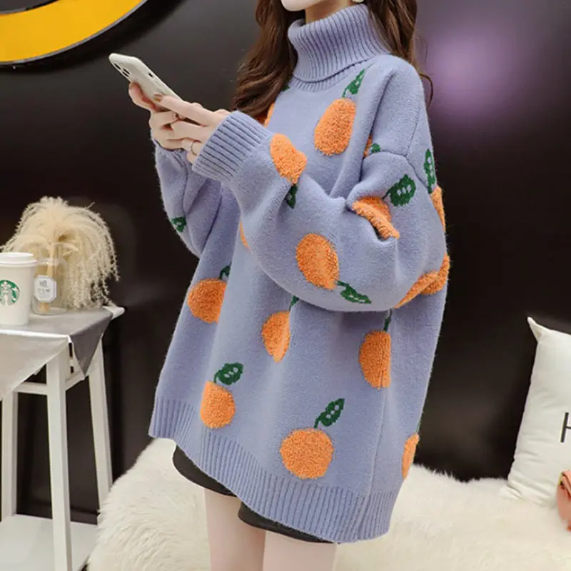 Свитер Женский вязаный с длинным рукавом принтом яблока |