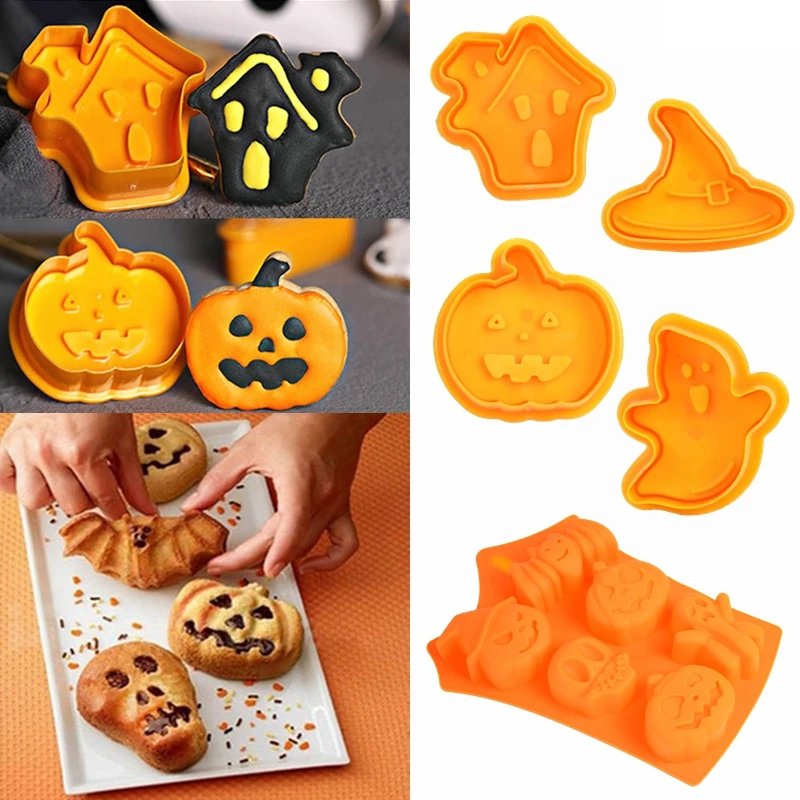 

Halloween Pumpkin Ghost Plastic Cookie Cutter Molds Biscuit Plunger Cutters Fondant Mold Halloween Party Cake Decorating Tools 7