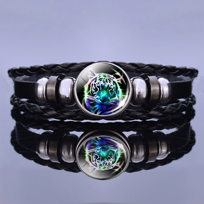 Красочный тигровый узор черный кожаный браслет Модный Панк Бижутерия со