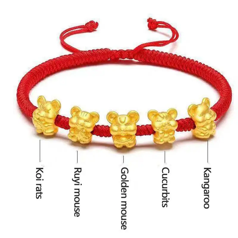 Золотой браслет Wufu Rat Transfer Bead из красной веревки талисман мышь зодиака женские и