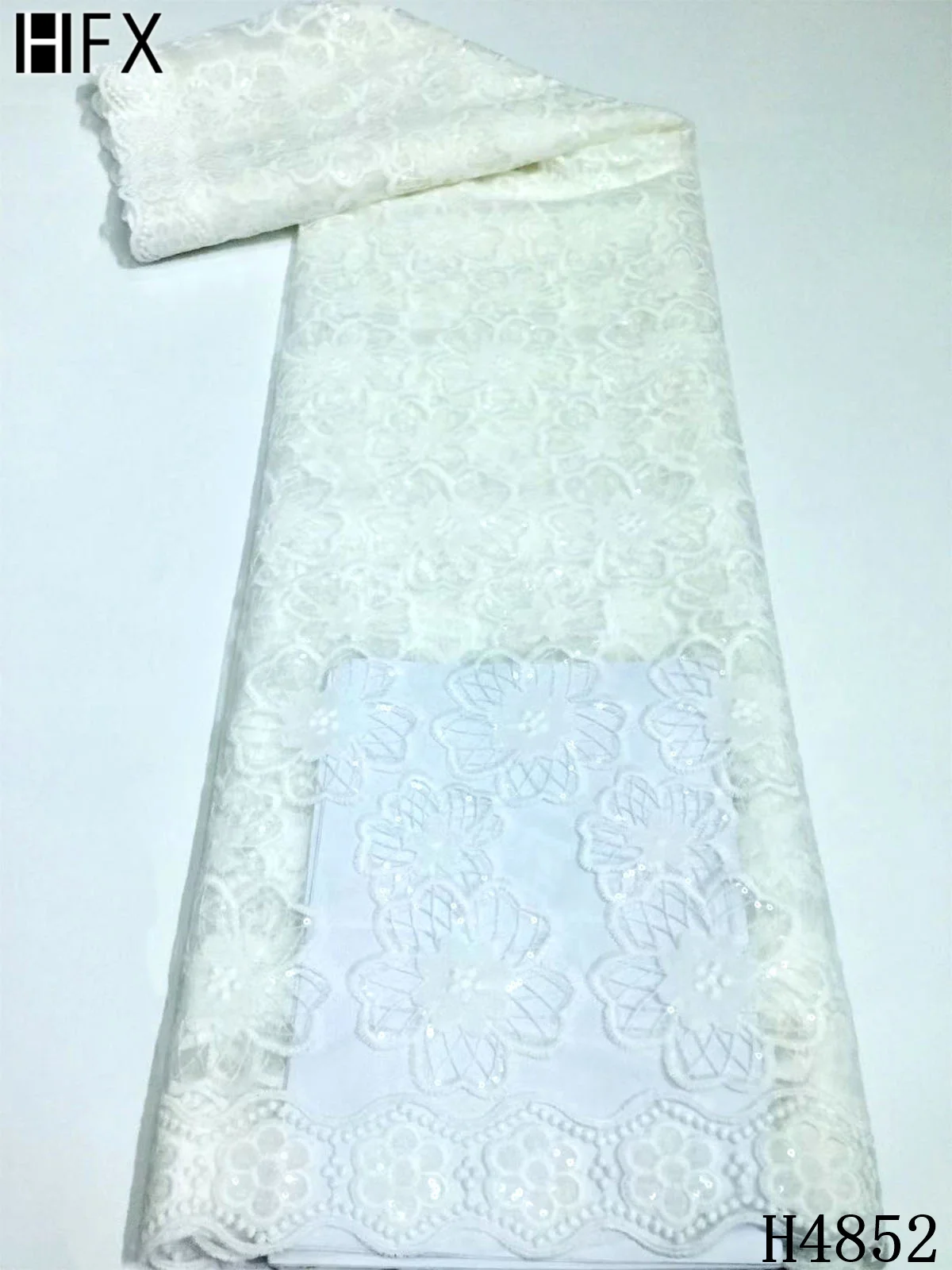 

HFX African Embroidery Tulle Lace Fabric 2021 High Quality French Milk Silk Lace Fabric With Sequins For Party Dress 5Y F4852