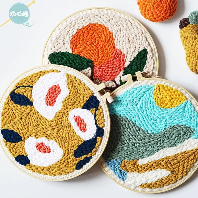 

Handmade punch needle kits with yarn, DIY beginners kit, embroidery kit, punch needle starter kit, rug hook pattern and kit