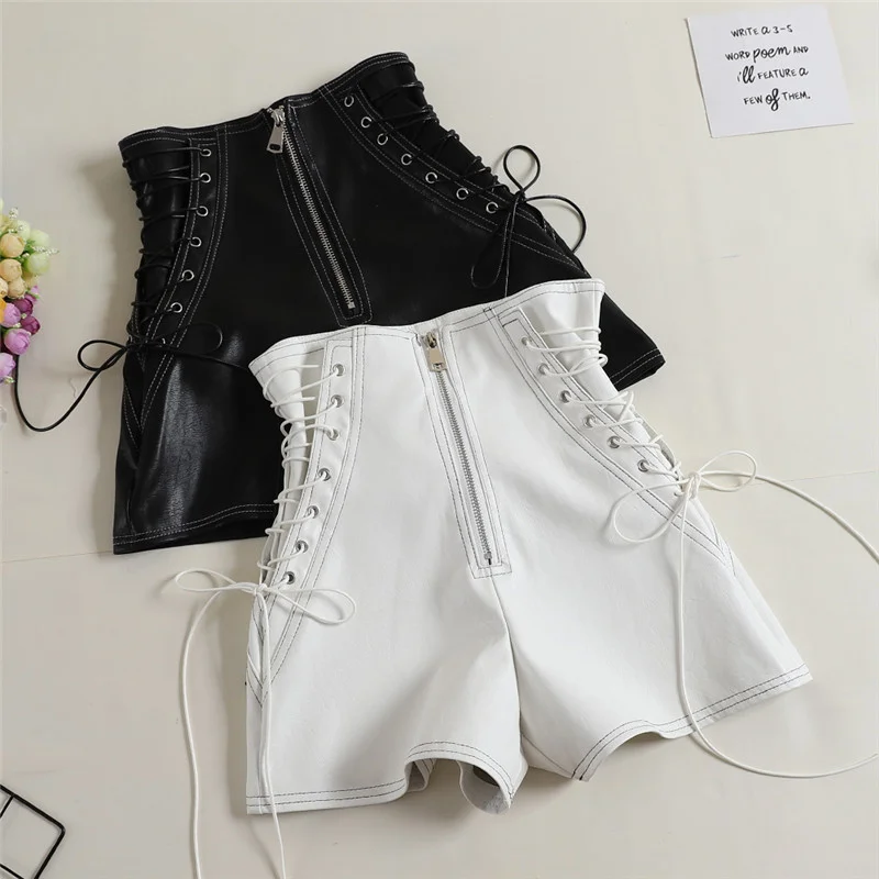 

Autumn Women PU Shorts Tie High Waist Shorts Female Casual Black Shorts Ladies All Match Wide leg Shorts Short Pants AB1170