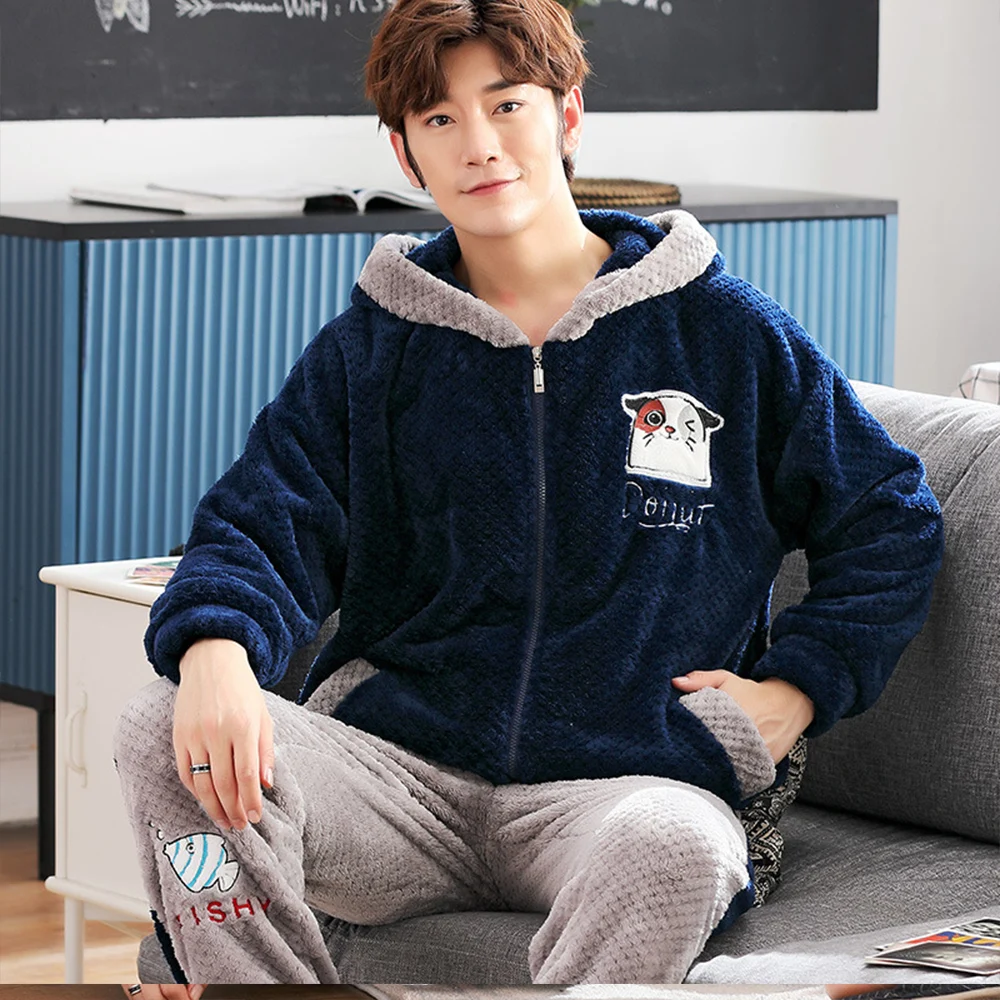 Winter Flannel Hooded Pajama Sets for Men Long Sleeve Thick Warm Pajama Cartoon Print Sleepwear Coral Fleece Homewear Sleepwear