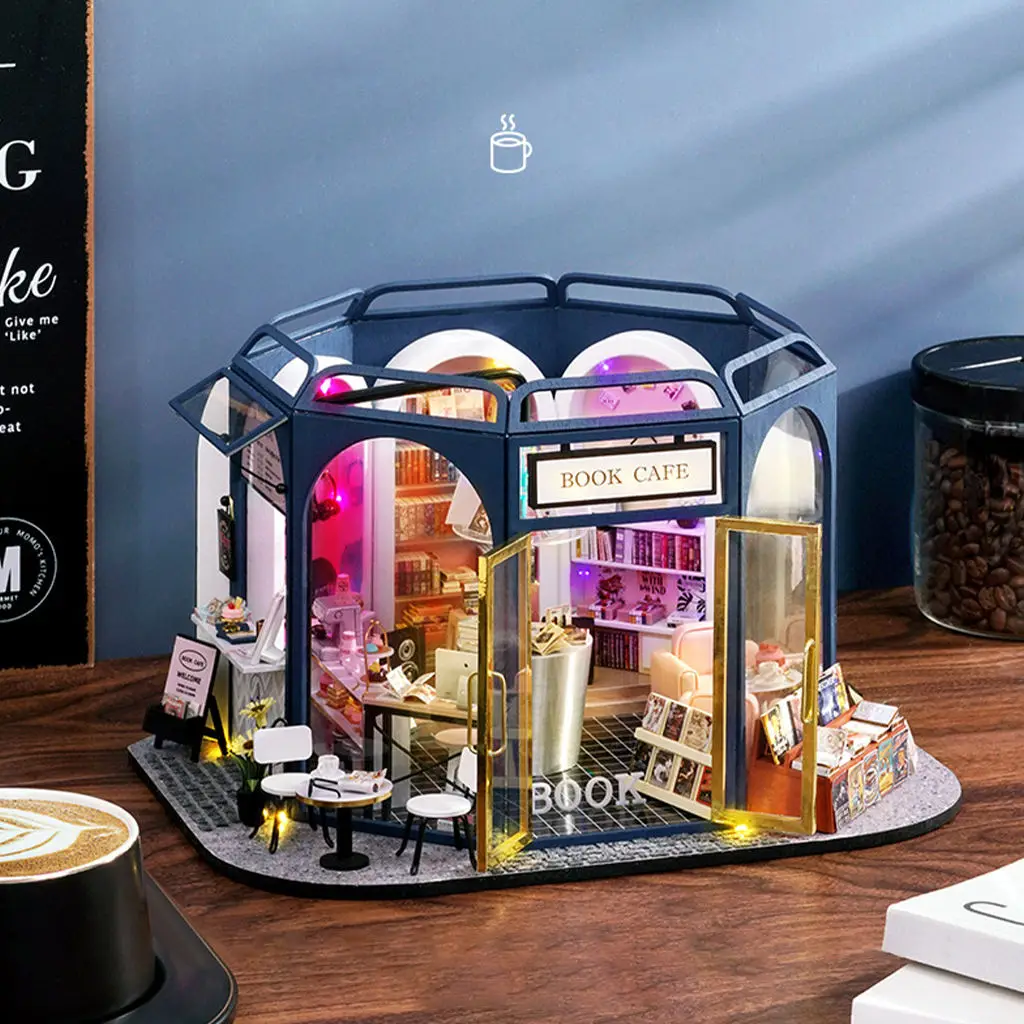 

DIY Dollhouse with Furniture Kit LED Light Wood Crafts Book & Coffee House