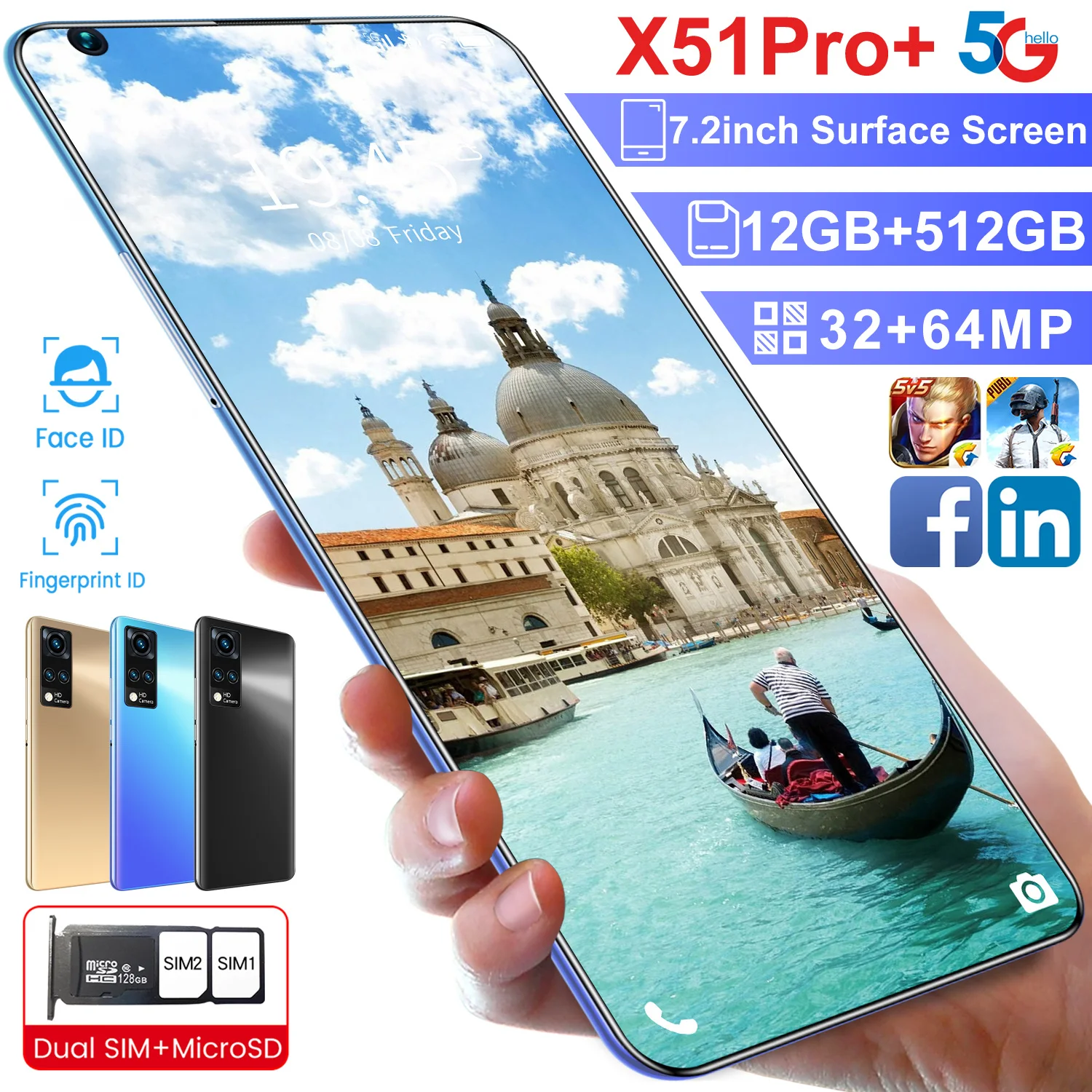 

Original X51PRO+ Phone 12GB+512GB Fingerprint Unlock 7.2 Inch Cellphone 6800mAh MTK6595 10-core FaceID Android 10 Mobile Phone