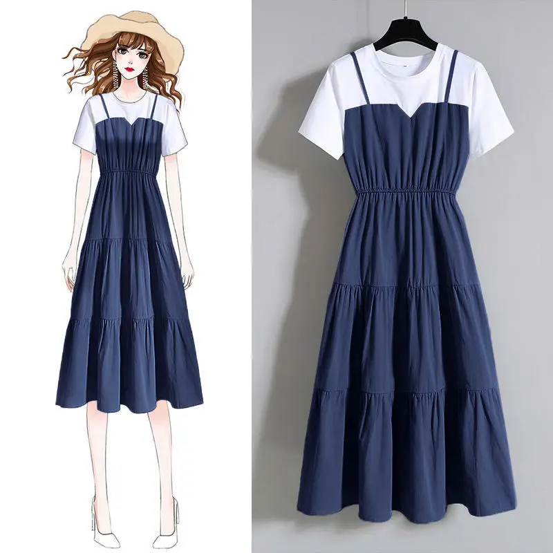 

Large Size Summer strap Dress O-Neck Preppy Style A-Line Short Sleeve korean dress Casual Thin One piece party dress LYQ036