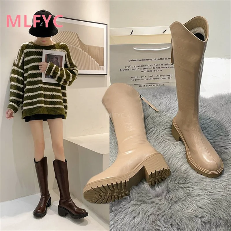 

2021 осень и зима ретро Повседневные высокие сапоги В рыцарском стиле тонкие эластичные женские сапоги на толстой подошве сапоги на низком ка...